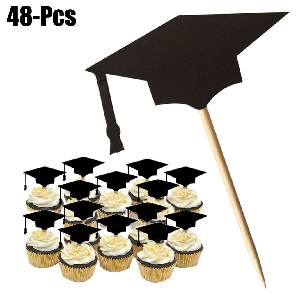 Skhek Graduation Party 48Pcs Cake Topper Bachelor Cap Cake Topper Graduation Cap Cupcake Topper DIY Party Cake Topper with Toothpicks and Glues