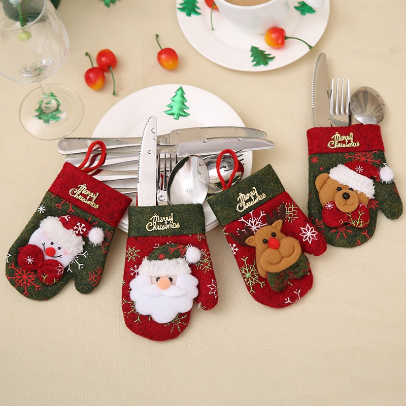 Christmas Gift Christmas Decoration Knife & Fork Cover Cutlery Gloves Creative Santa Claus Non-Woven Christmas Gloves Gifts Home Table Decorate