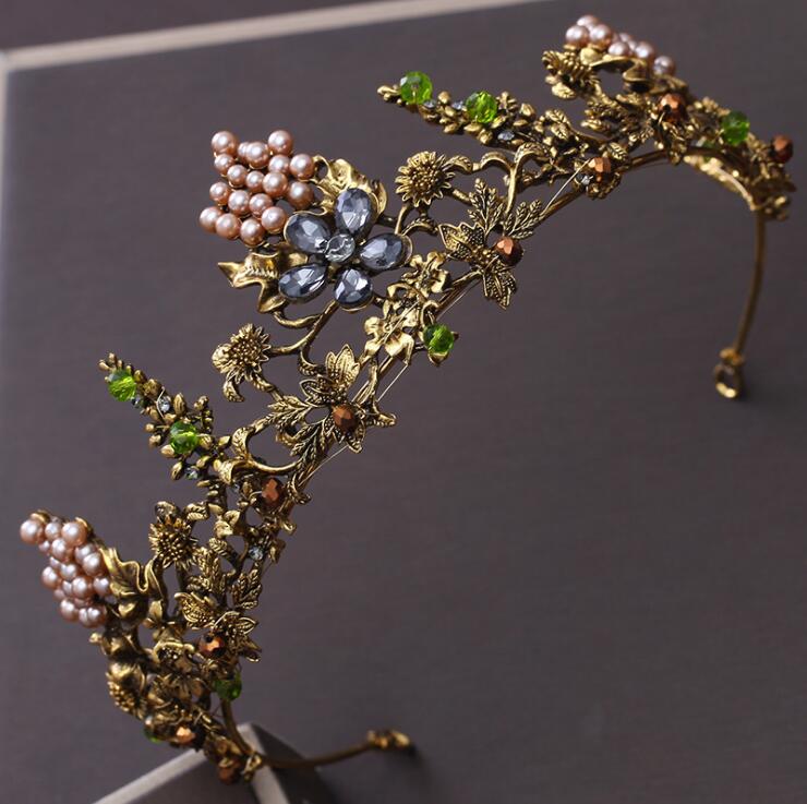 KMVEXO Baroque Vintage Gold Crystal Flowers Beads Tiaras Rhinestone Queen Crowns Wedding Hair Accessories Luxury Headband Diadem