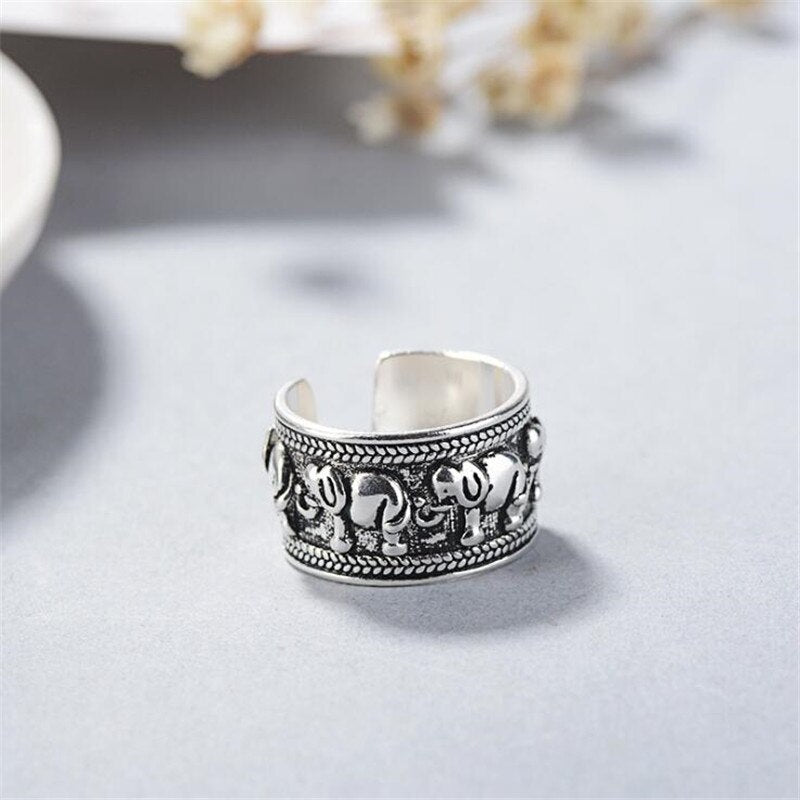 Christmas Gift New Creative Beautiful Retro Animal 925 Sterling Silver Jewelry Personality Ethnic Style Elephant Group Opening Rings R140