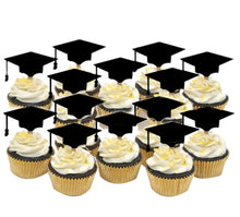 Load image into Gallery viewer, Skhek Graduation Party 48Pcs Cake Topper Bachelor Cap Cake Topper Graduation Cap Cupcake Topper DIY Party Cake Topper with Toothpicks and Glues