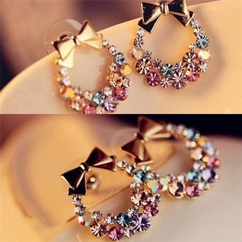 2021 Fashion Crystal Earrings For Women Rhinestones Stud Earring Bow Earings Colorful Vintage Jewelry Christmas gift