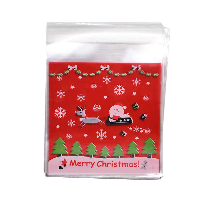 50Pcs 10x10cm Christmas Candy Cookie Gift Bags Plastic Self-adhesive Biscuits Snack Packaging Bags Xmas Party Decoration Favors