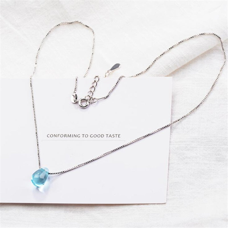 Christmas Gift Beautiful Female Blue Crystal 925 Sterling Silver Jewelry Simple Water Drop Temperament Clavicle Chain Pendant Necklaces XL053