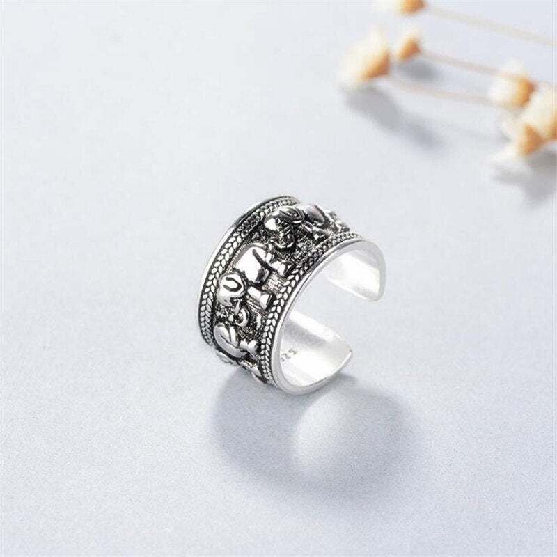 Christmas Gift New Creative Beautiful Retro Animal 925 Sterling Silver Jewelry Personality Ethnic Style Elephant Group Opening Rings R140