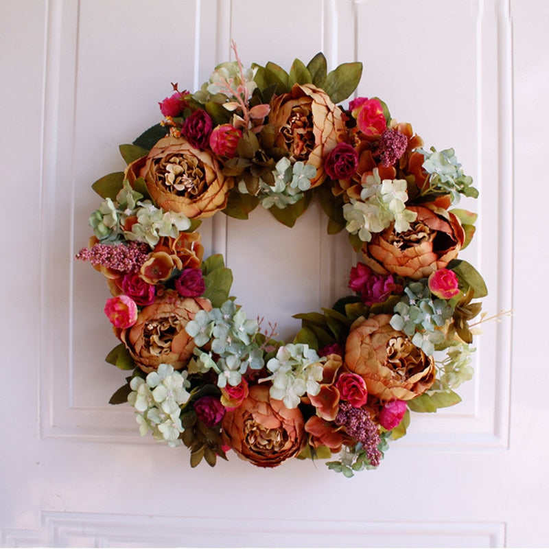 White Peony Wreath Christmas Wreath Door Wall Hanging Ornament Rattan Round Garland Decoration Artificial Flower Fake Flower