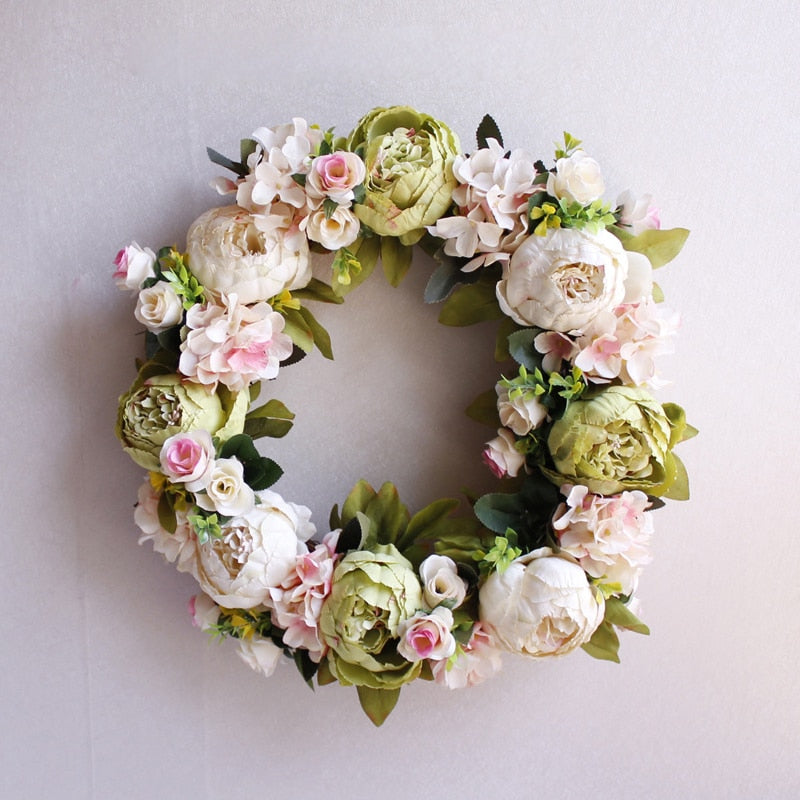 White Peony Wreath Christmas Wreath Door Wall Hanging Ornament Rattan Round Garland Decoration Artificial Flower Fake Flower