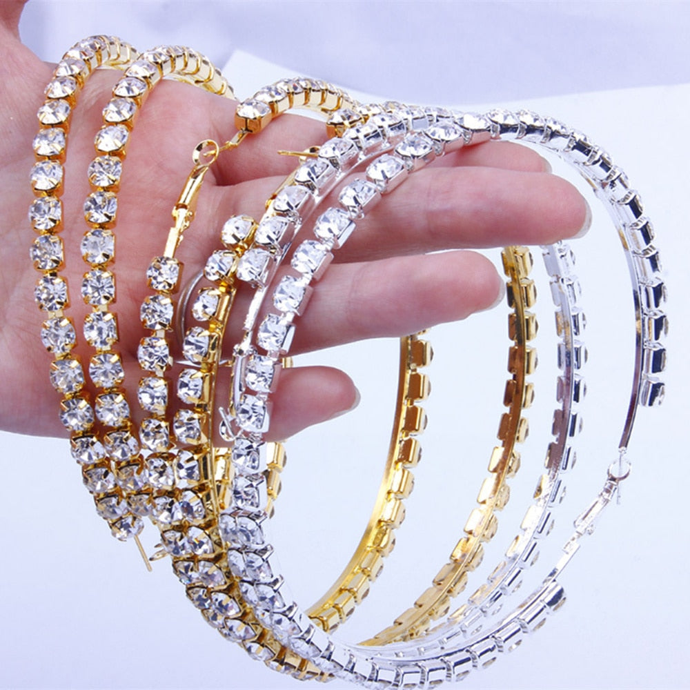 Skhek Shiny Rhinestone Big Hoop Earrings For Women Round Circle Aros Aretes Round Hoop Earrings Jewelry For Gift Female