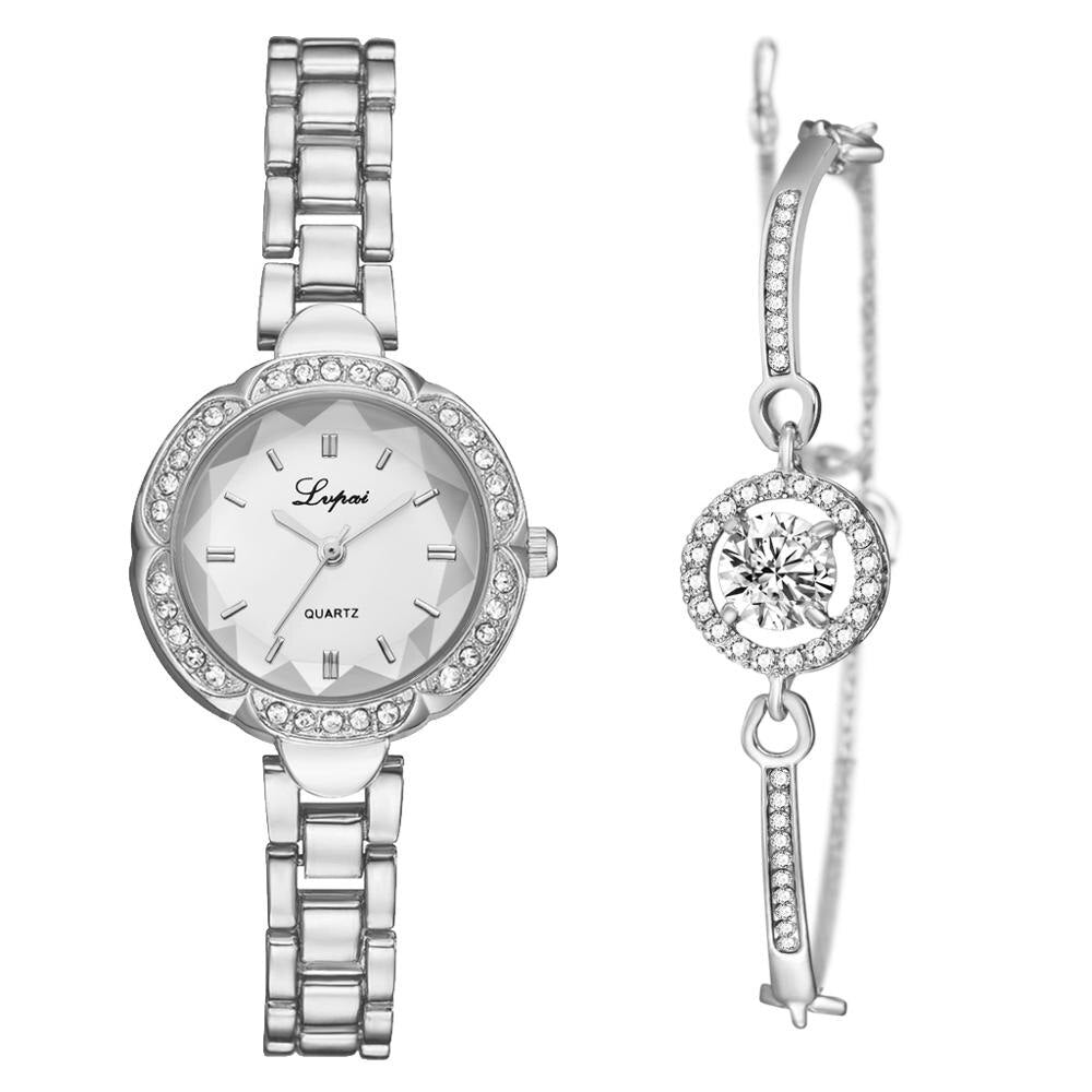Christmas Gift Luxury 2 PCS Set Watch Women Silver Rhinestone Bracelet Watch Jewelry Ladies Female Hour Casual Quartz Wristwatches Dropshipping