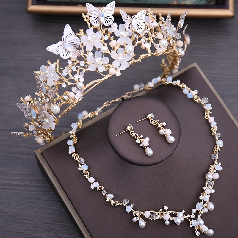 Luxury Crystal Beads Pearl Butterfly Costume Jewelry Sets Floral Rhinestone Choker Necklace Earrings Tiara Wedding Jewelry Set