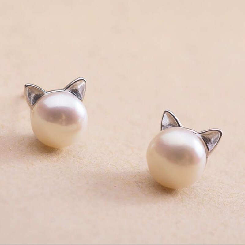 Christmas Gift Creative Simple Craft Cute Animal 925 Sterling Silver Jewelry Small Cat Hollow Pierced Pearl Female Earrings   E064