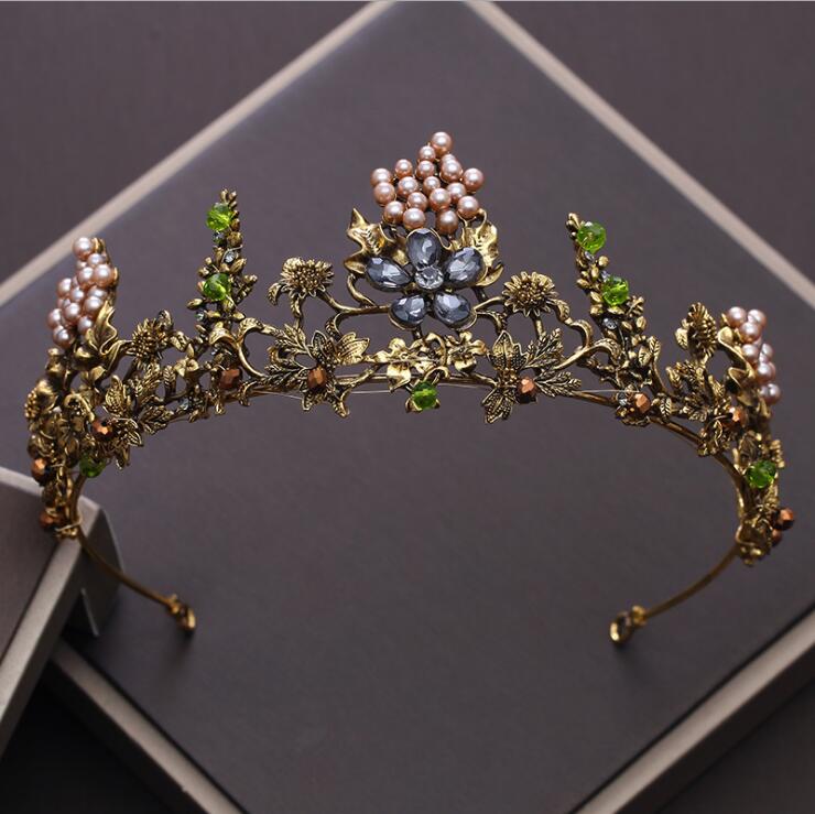 KMVEXO Baroque Vintage Gold Crystal Flowers Beads Tiaras Rhinestone Queen Crowns Wedding Hair Accessories Luxury Headband Diadem