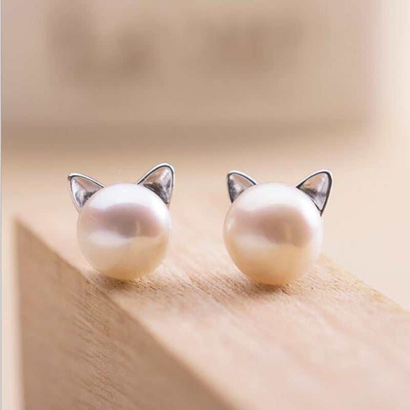 Christmas Gift Creative Simple Craft Cute Animal 925 Sterling Silver Jewelry Small Cat Hollow Pierced Pearl Female Earrings   E064