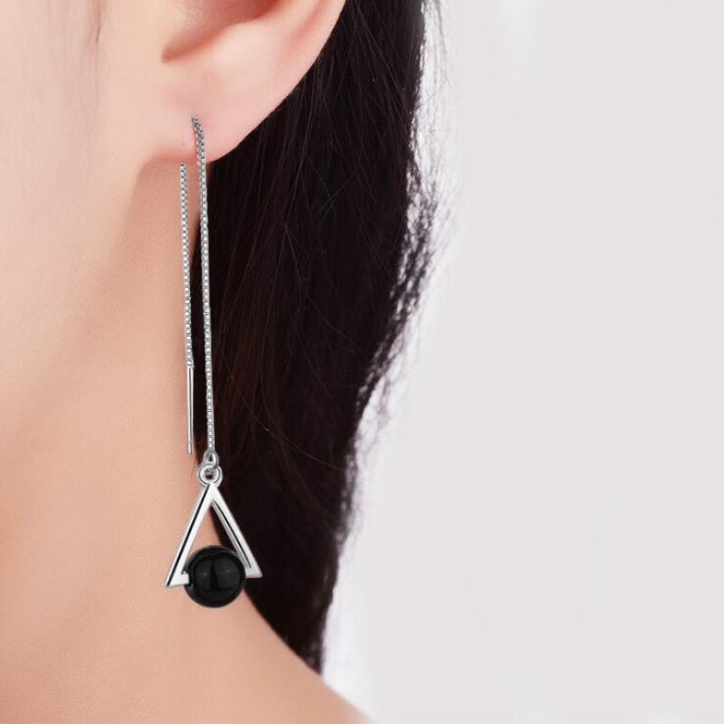 Christmas Gift Beautiful Triangle Geometric 925 Sterling Silver Jewelry Long Exaggerated Natural Black Crystal Tassel Dangle Earrings   SE315