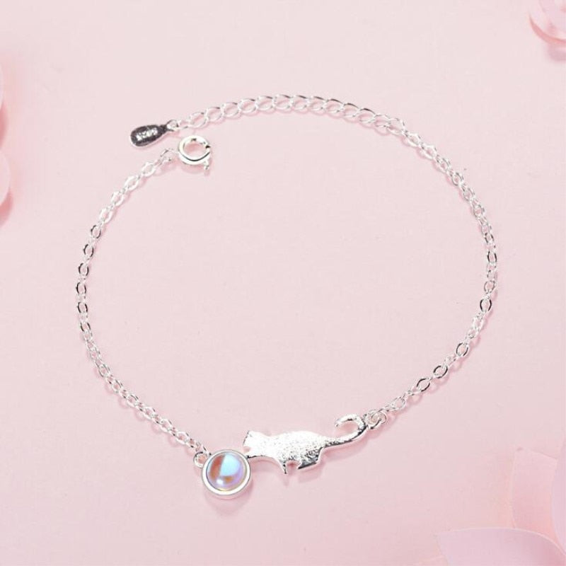 Christmas Gift Hand Drawing Female Fashion Moonstone Cute Animal 925 Sterling Silver Jewelry Crystal Sweet Cat Temperament Bracelets  SL010