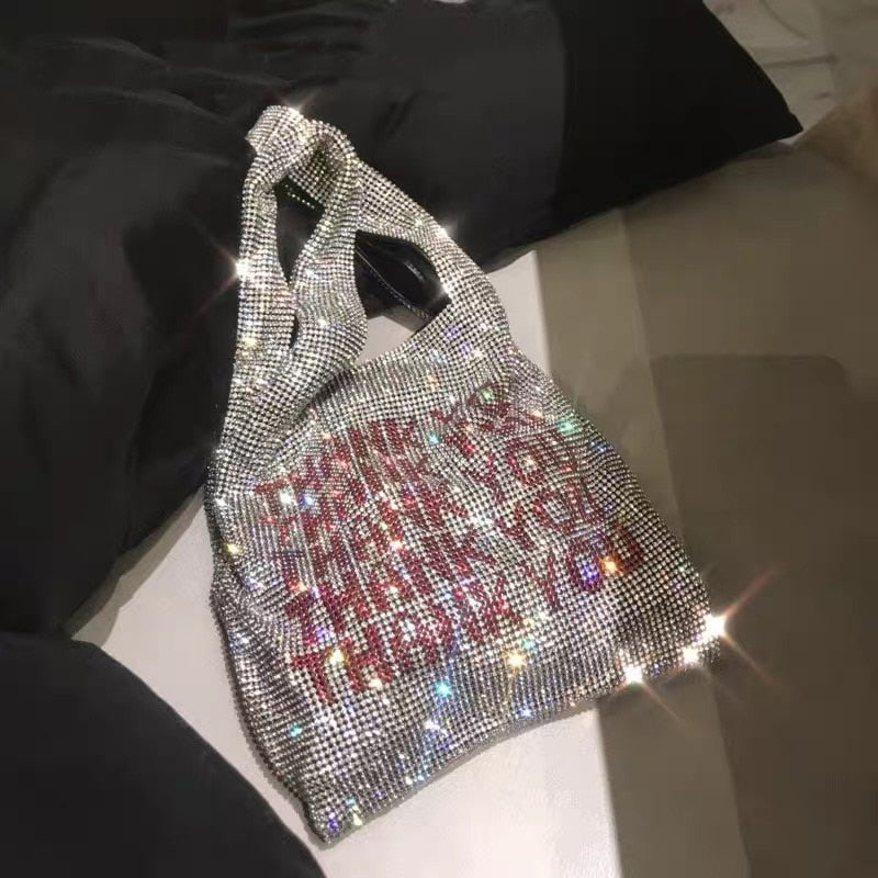 Skhek Thank You Sequins Bags Women Small Tote Bags Crystal Bling Bling Fashion Lady Bucket Handbags Vest Girls Glitter Purses Brand
