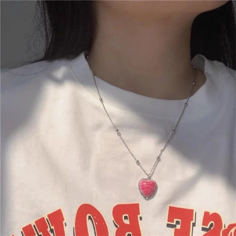 SKHEK Kpop Vintage Goth Aesthetic Pink Love Heart Pendant Grunge Chain Choker Necklace For Women Harajuku EMO Y2K Jewelry Accessories