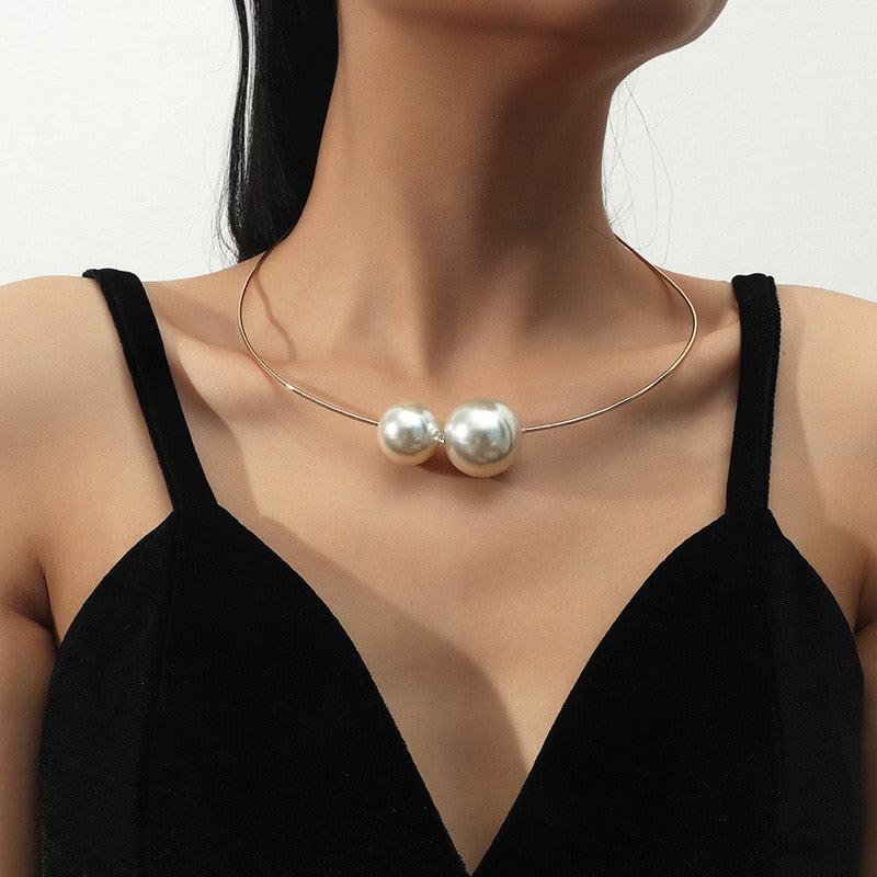 Skhek  Elegant Metal Torques Simulated Pearl Choker Necklace For Women  Jewelry Statement Necklace Korean Fashion Accessories Jewerly