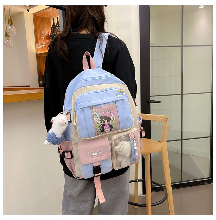 Skhek Back to school supplies 2022 Women's Backpack Candy Color Buckle Badge Fashion Cute Schoolbag Shoulder Student Bag Teenage Girl College School Backpacks