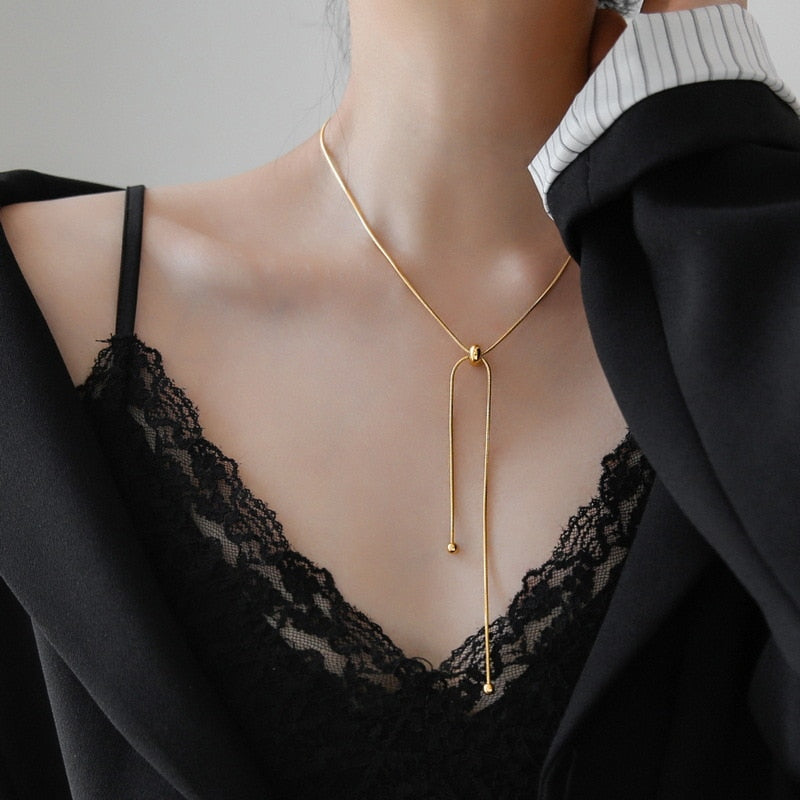 SKHEK 2022 New Trend Gold Color Long Necklace Geometric Metal Chain Adjustable Necklace For Women Girls Party Wedding Jewelry