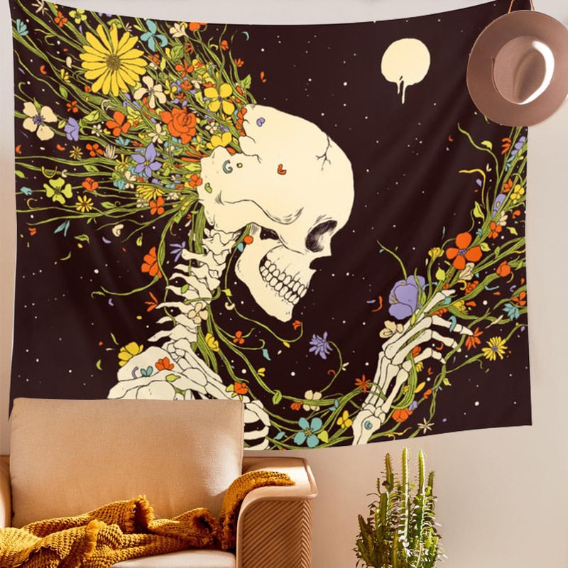 Skull King Meditating in Flowers Moon Tapestry Mandala Carpet Hippie Divination Black Skull Witchcraft Wall Hanging Blanket
