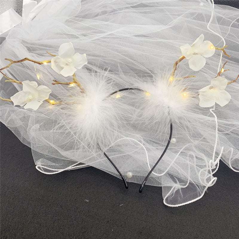 Christmas Glow Antler Headband Fairy Tale Flower Retro Tree Branch Hoop Crown Festival Party Props Hair Accessories for Girls