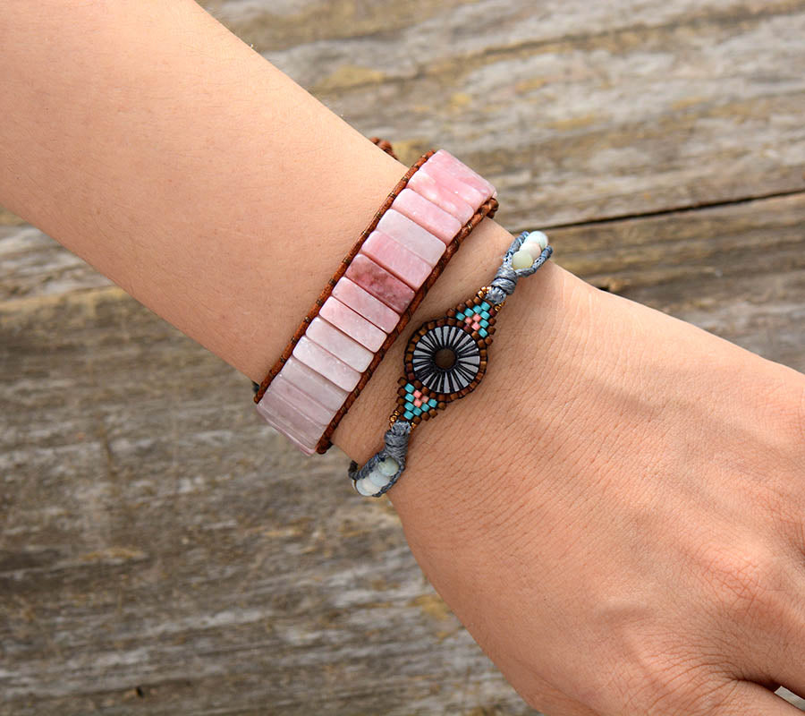 Skhek  Women Bracelet Jewelry Natural Pink Opal Stone Tube Beads Leather Wrap Bracelet Girlfriend Gifts