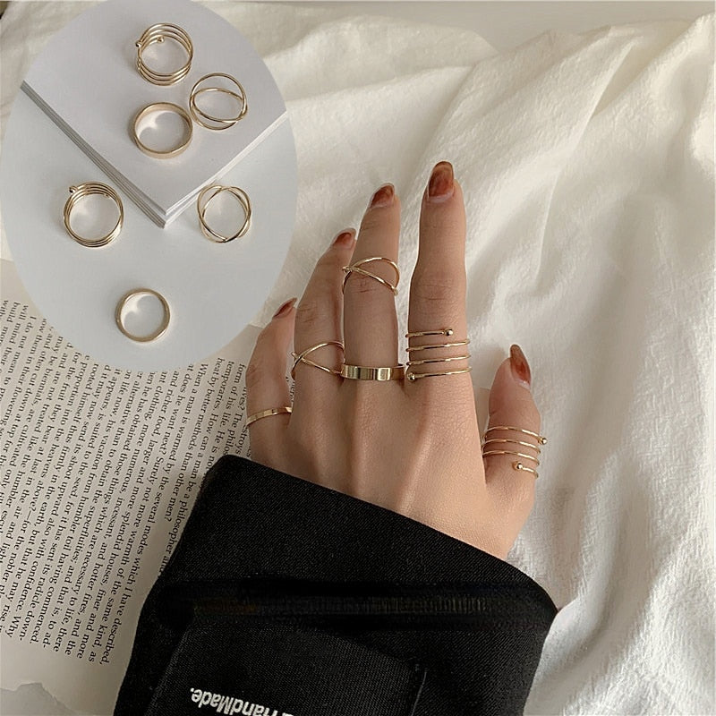 Skhek Vintage Punk Finger Rings 6Pcs/set Minimalist Smooth Gold/black Geometric Metal Rings for Women Girls Party Jewelry Bijoux Femme