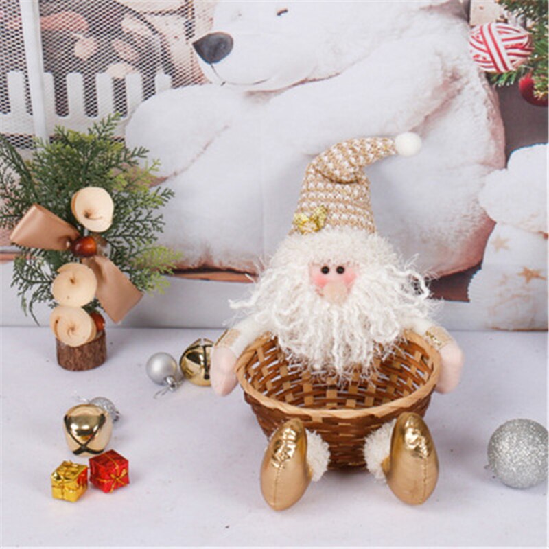 Christmas Gift Christmas Decoration Santa Claus Snowman Gold Doll Candy Basket Wooden Rattan Gift Box Desktop Organizer Ornaments New Year 2022