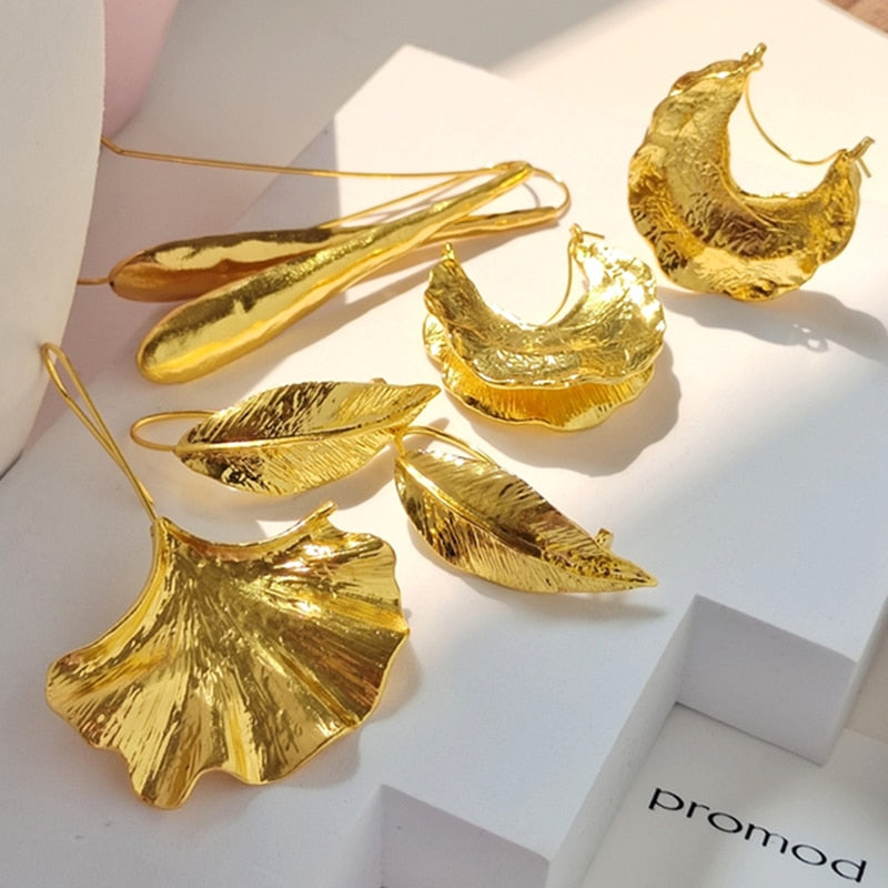 Skhek Retro Gold Color Metal Drop Earrings Vintage Leaf Earrings Geometric Irregular For Women Girls Party Travel Jewelry 2022