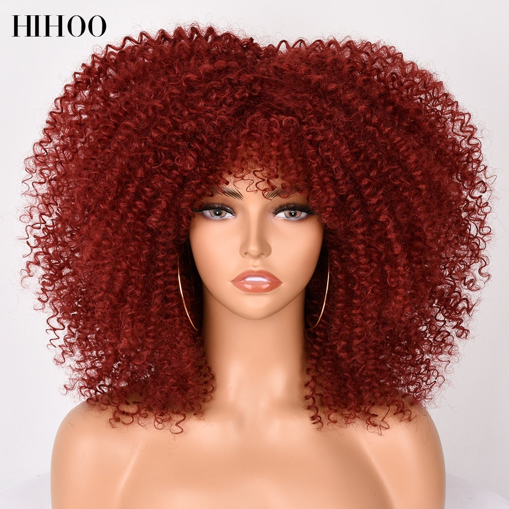 16''Short Hair Afro Kinky Curly Wig With Bangs For Black Women Cosplay Lolita Synthetic Natural Glueless Brown Mixed Blonde Wigs
