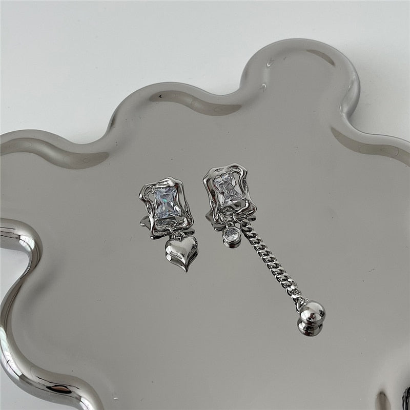 SKHEK Korea Fashion Silver Color Asymmetry Crystal Love Heart Tassel Charm Drop Earrings For Women Party Wedding Jewelry Accessories