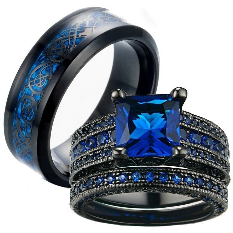 Skhek Couple Ring Men's Stainless Steel Ring Blue Zircon Women's Ring Sets Valentine's Day Wedding Bands Lover Gift