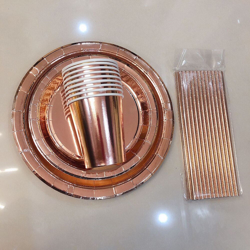 Disposable Tableware Gold-Plated Rose Gold Tablecloth Paper Cup Knife Fork Spoon Paper Tray Party Supplies Decoration Set