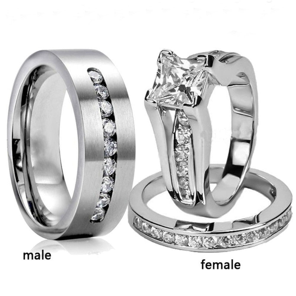 Skhek Romantic Zircon Couple Rings Stainless Steel Men's Ring And Simple Crystal Zircon Women Rings Set Wedding Ring