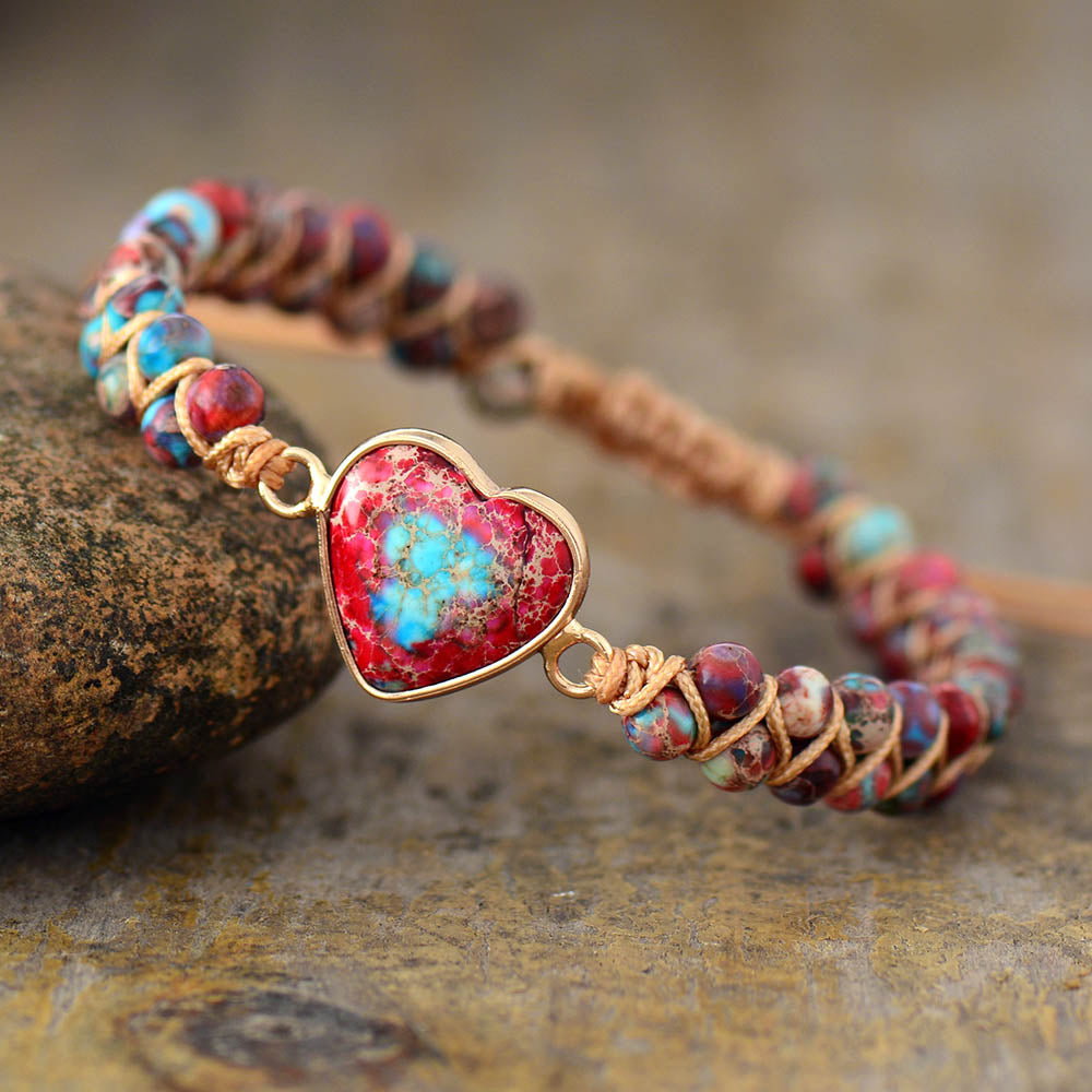 Skhek Natural Stone Heart Charm Bracelets String Braided Macrame Bracelets Jaspers Friendship Wrap Bracelet Femme Women Jewelry