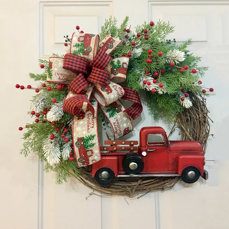 Farmhouse Christmas Decor Red Truck Christmas Wreath Window Front Door Wreath Decoration Wall Hanging Prop Party Home Decoration