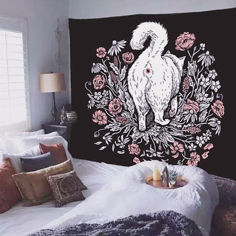 Cat Witchcraft Tapestry Wall Hanging Tapestries Mysterious Divination Baphomet Occult Home Wall Black Cool Decor Cat Coven
