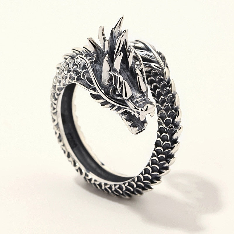 Skhek Vintage Fashion Gothic Punk Ancient Dragon Men Jewelry Opening Ring Thai Silver Boyfriend Gift Party