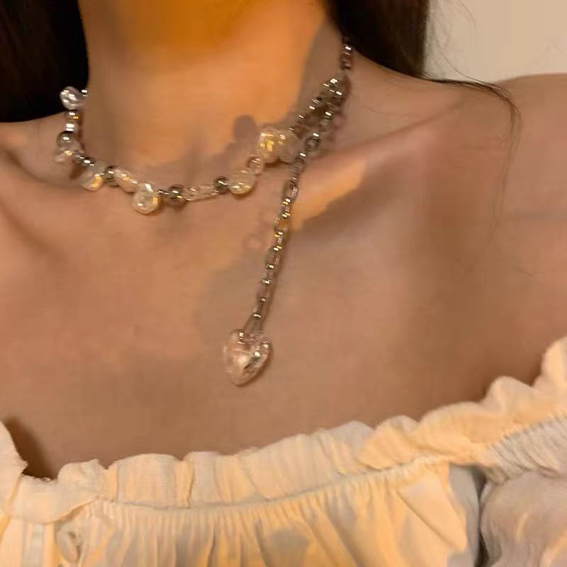 SKHEK Vintage Baroque Irregular Pearl Choker Acrylic Transparent Heart Pendant Necklace For Women 2022 New Wedding Party Jewelry Gift