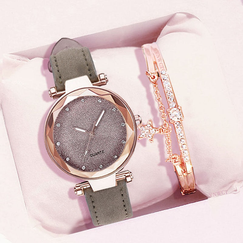 Christmas Gift Casual Women Romantic Starry Sky Wrist Watch bracelet Leather Rhinestone Designer Ladies Clock Simple Dress Gfit  Montre Femme