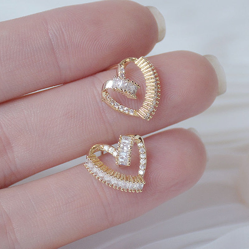 Korean Trendy Design Twist Heart CZ Earrings for Women 1 Row Bling Shine Zirconia 14K Real Gold Stud Earring Jewelry Pendant