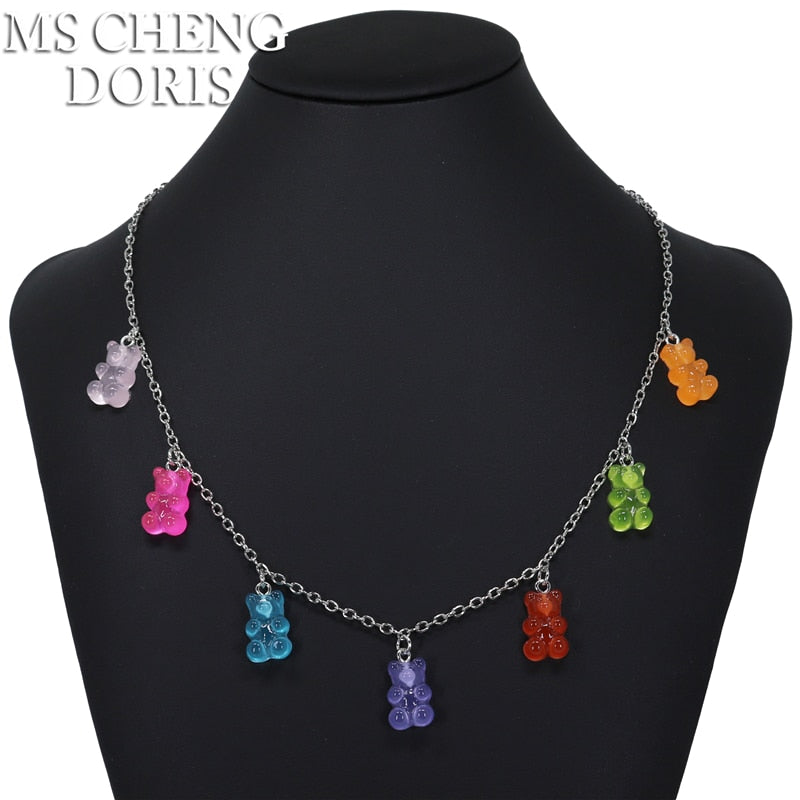 Handmade 7 Colors Cute Cartoon Bear Chain Necklaces, Candy Color Pendant For Women&Girl Daily Jewelry Party Gifts