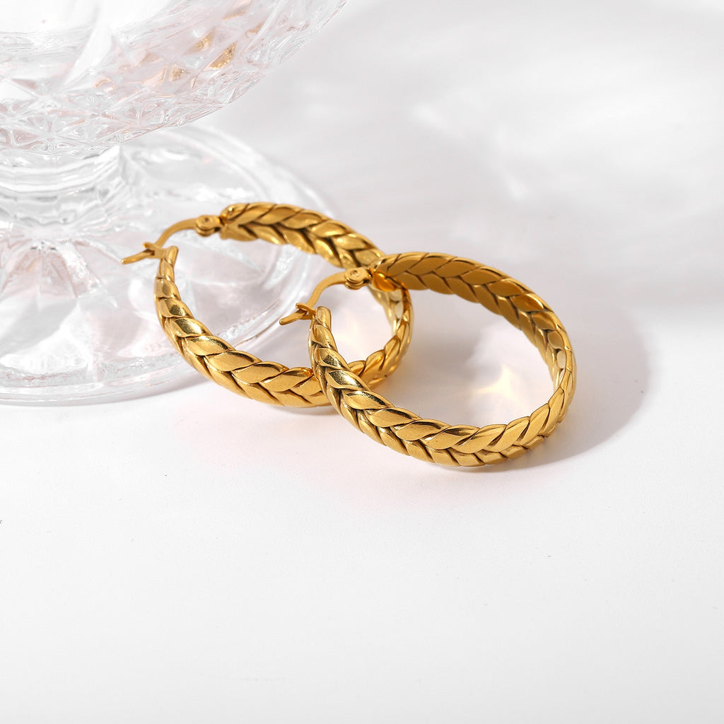 SKHEK New Titanium Steel Gold Color Stainless Steel Wheat Circel Round Geometric Hoop Earrings For Women Girls Travel Jewelry