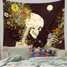 Load image into Gallery viewer, Skull King Meditating in Flowers Moon Tapestry Mandala Carpet Hippie Divination Black Skull Witchcraft Wall Hanging Blanket