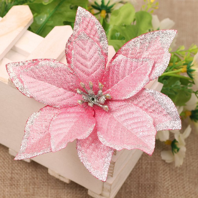 5pcs/lot Glitter Artificial Flowers Fake Flowers Festival Party Wedding Decorations DIY Merry Christmas Tree Ornaments for Home