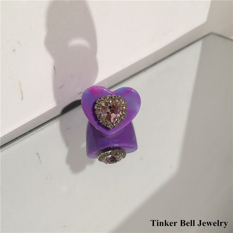 SKHEK Korean Retro Aesthetic Harajuku Purple Heart Love Flowers Resin Rings For Women Egirl Party Goth Y2K Jewelry Gifts Accessories