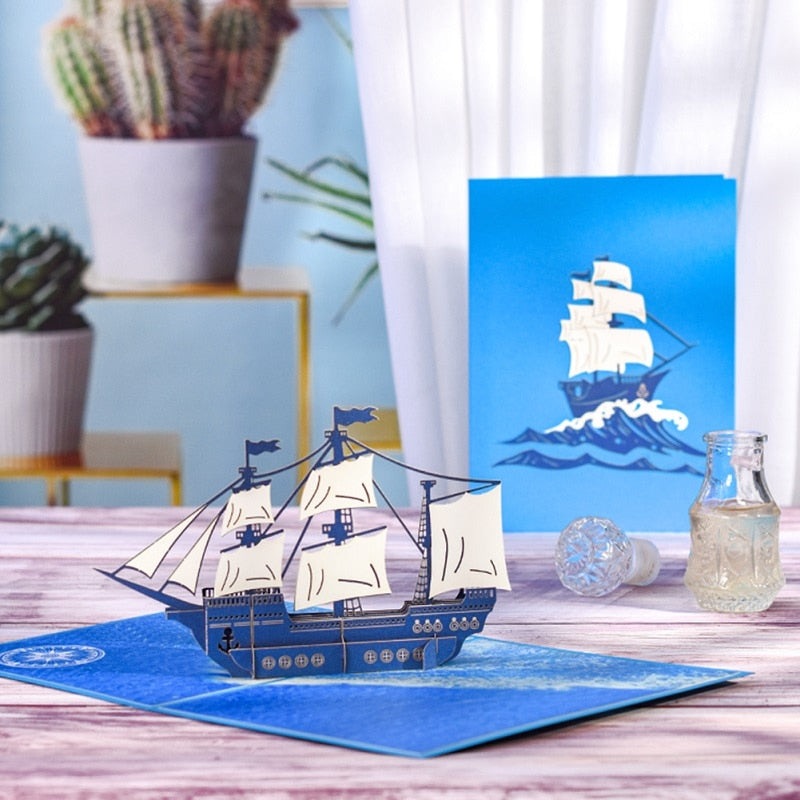 3D Sailboat Pop Up Birthday Card for Kids Dad Ship Greeting Cards Fathers Day Graduation Congratulations Handmade Gift