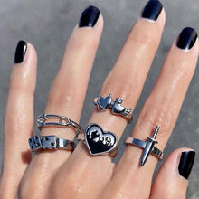 Load image into Gallery viewer, Skhek Punk Vintage Silver Color Heart Sword Ring Set for Women Gothic Dice Anillos Hip Hop Y2k Korean Fashion Male Gift Jewelry