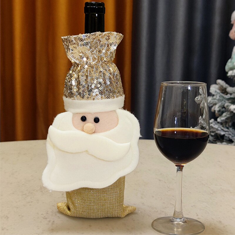 Christmas Gift Christmas Wine Bottle Cover Gold Sequins Santa Claus Snowman Dining Table Decor Home Restaurant New Year Christmas Decoration